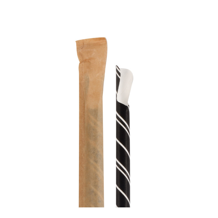 Paper Straw Straight Spoon Black Wrapped White Sleeve Ø0,8cm 21cm (100 Units) 