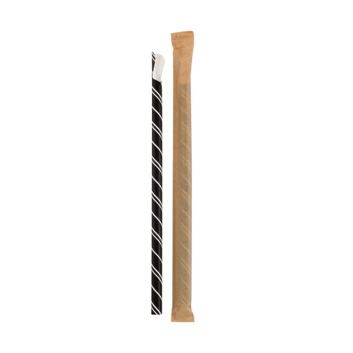 Paper Straw Straight Spoon Black Wrapped White Sleeve Ø0,8cm 21cm (100 Units) 