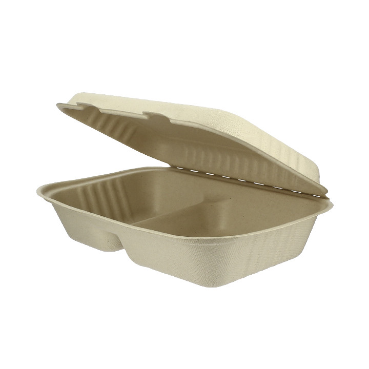 Sugarcane Hinged Container "Menu Box" 2 Compartments 22,5x16,5x6,4cm (500 Units)