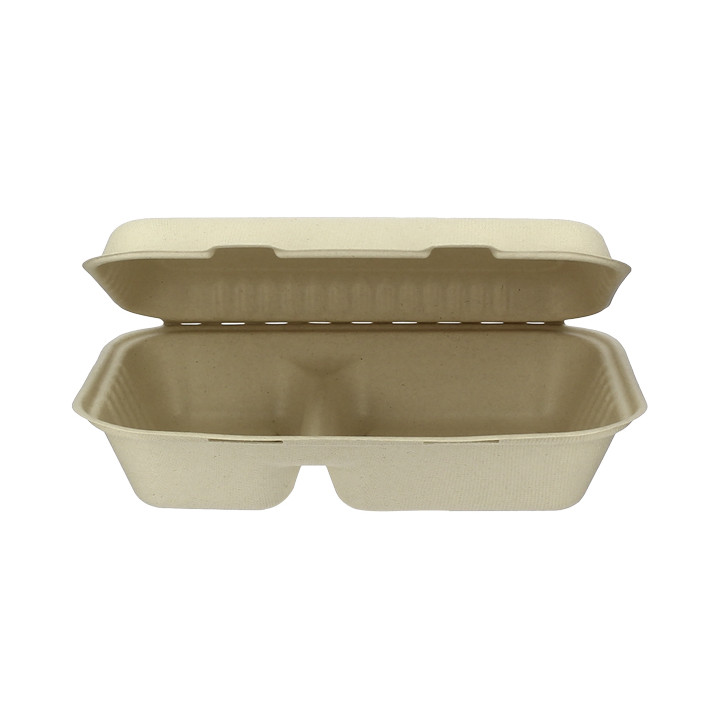 Sugarcane Hinged Container "Menu Box" 2 Compartments 22,5x16,5x6,4cm (500 Units)