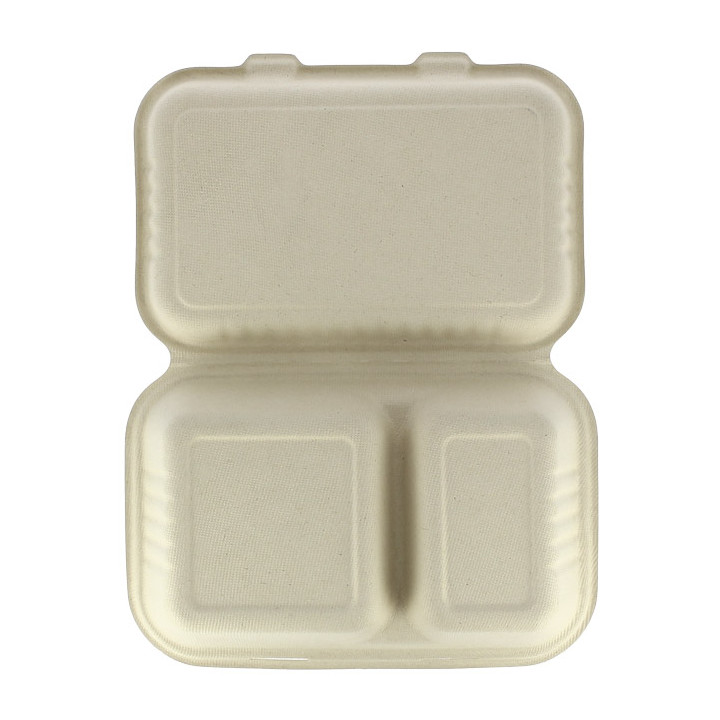 Sugarcane Hinged Container "Menu Box" 2 Compartments 22,5x16,5x6,4cm (500 Units)