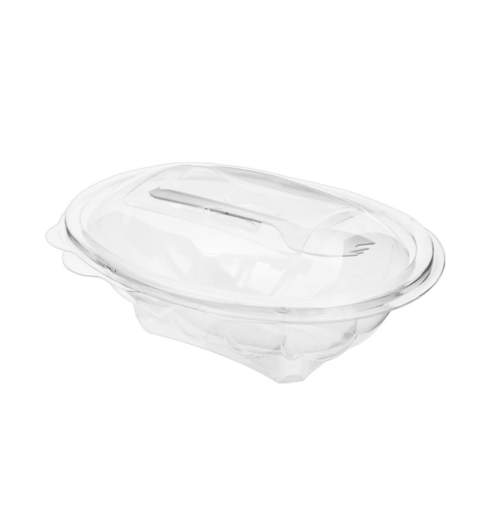 Plastic Salad Bowl APET shape with Fork 500ml 19x14x7,6cm (400 Units)