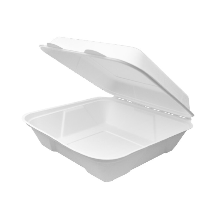 Sugarcane Hinged Container "Menu Box" White 22,5x22,5x7,5cm(200 Units)