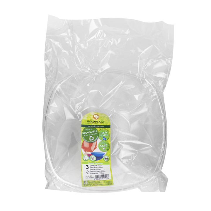 Plastic Bowl PS Crystal Hard "Square" 1250ml Ø21cm (3 Units) 