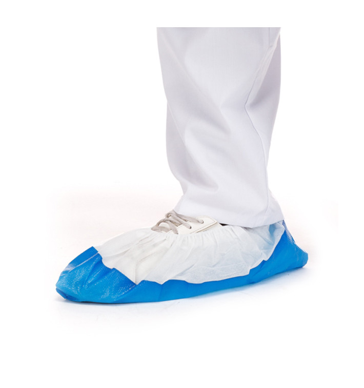 Disposable Plastic Shoe Covers with Reinforce Sole TST PP CPE White/Blue (500 Units)