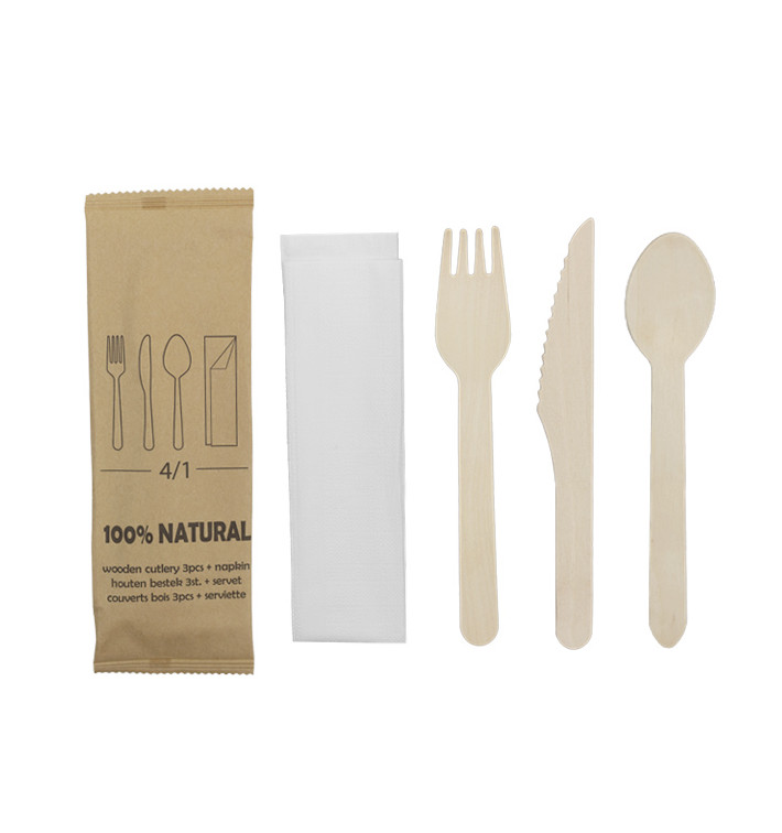 Wooden Fork, Knife, Spoon and Napkin Set 20,5cm (25 Units)