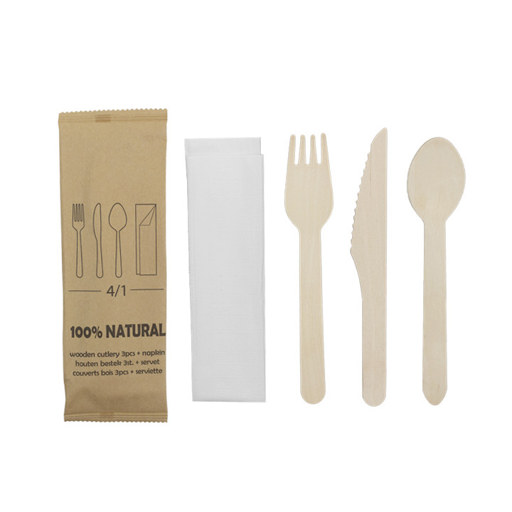 Wooden Fork, Knife, Spoon and Napkin Set 20,5cm (25 Units)