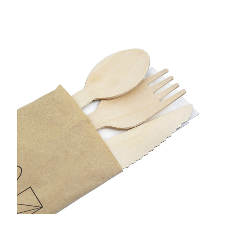 Wooden Fork, Knife, Spoon and Napkin Set 20,5cm (25 Units)