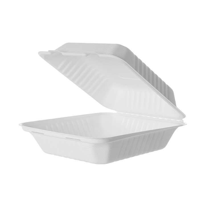 Sugarcane Hinged Container + PLA White 20x20x7,5cm (200 Units)
