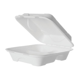 Sugarcane Hinged Container "Menu Box" 3 Compartments White 20x20x7,5cm (200 Units)