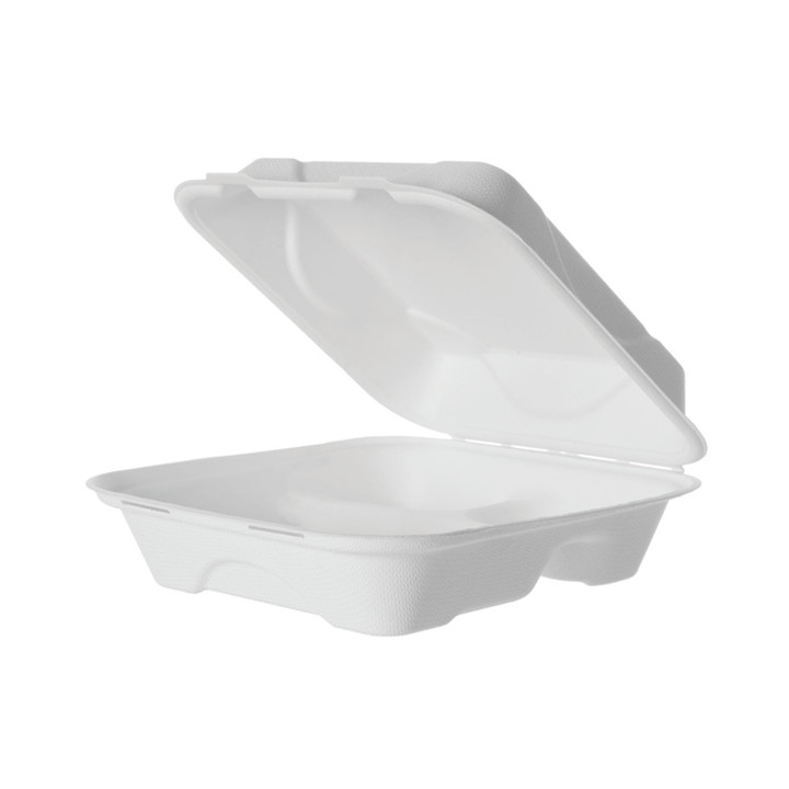 Sugarcane Hinged Container "Menu Box" 3 Compartments White 20x20x7,5cm (50 Units) 