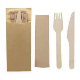 Wooden Cutlery Kit Fork, Knife and Napkin (50 Units)