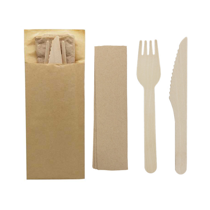 Wooden Cutlery Kit Fork, Knife and Napkin (1.200 Units)