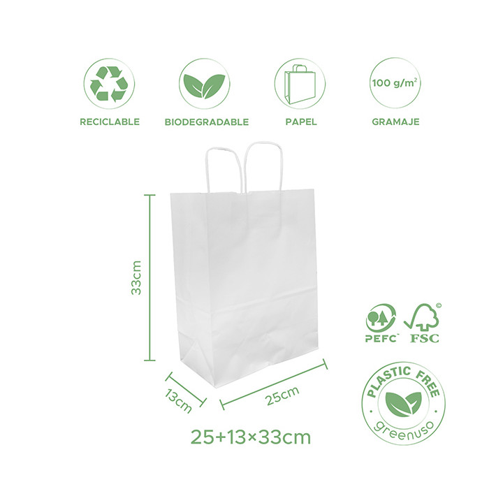 Paper Bag with Handles Kraft White 100g/m² 25+13x33cm (25 Units) 