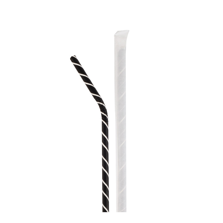 Paper Straw Flexible Pack Black White Stripes Wrapped  Ø0,6cm 21cm (100 Units)