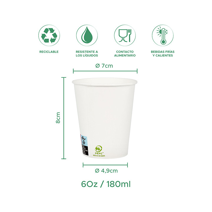 Paper Cup White 6Oz/180ml Ø7,0cm (100 Units) 