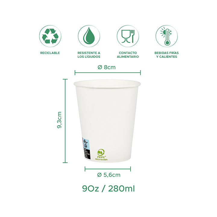 Paper Cup White 9Oz/280ml Ø8,0cm (50 Units) 