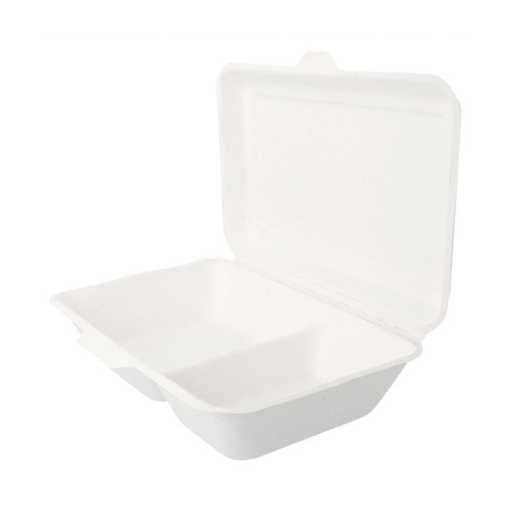 Sugarcane Hinged Container "Menu Box" 2 Compartments White 22,5x16,5x6,4cm 