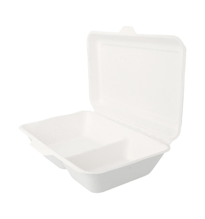 Sugarcane Hinged Container "Menu Box" 2 Compartments White 22,5x16,5x6,4cm 