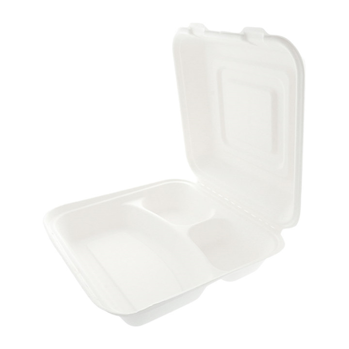 Sugarcane Hinged Container "Menu Box" White 3 Compartments 25x25x7,5cm 
