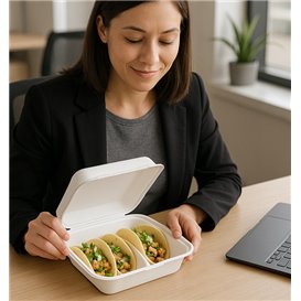 3-Compartment Fiber Taco Clamshell with Lid White 41x48x40cm (300 Units)