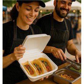 3-Compartment Fiber Taco Clamshell with Lid White 41x48x40cm (300 Units)