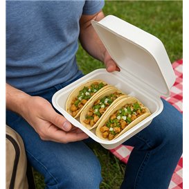 3-Compartment Fiber Taco Clamshell with Lid White 41x48x40cm (300 Units)