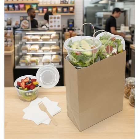 Bolsa de papel kraft con asas rizadas 22 + 10 x 28 cm para take away