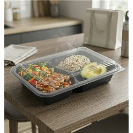 Black PP Plastic Container 2 Comp. with Lid 690ml 22,3x15,4cm (50 Units)