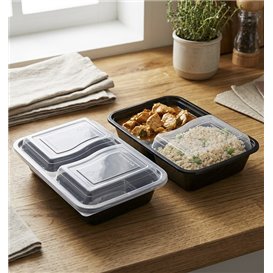 Black PP Plastic Container 2 Comp. with Lid 690ml 22,3x15,4cm (50 Units)