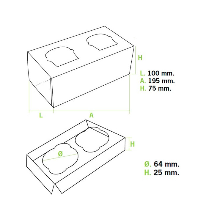 Paper Cupcake Box 2 Slots White 19,5x10x7,5cm (160 Units)