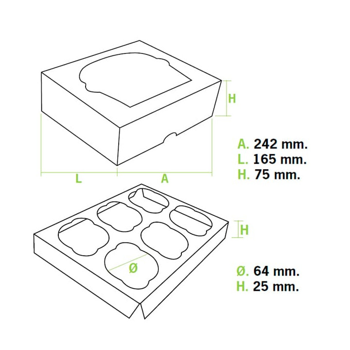 Paper Cupcake Box 6 Slots White 24,3x16,5x7,5cm (100 Units)